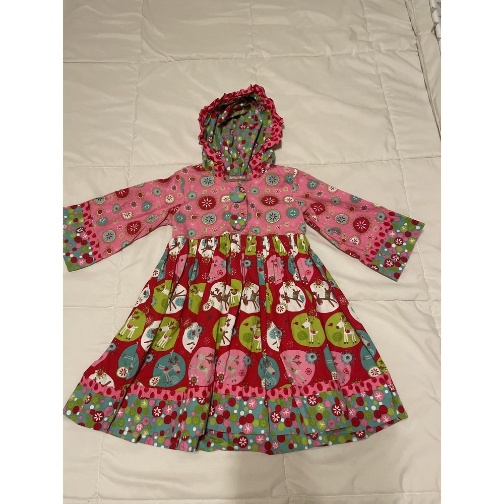 Jelly The Pug Dress Girls 3T Multicolor Reindeer Hooded Long Sleeve Ruffle